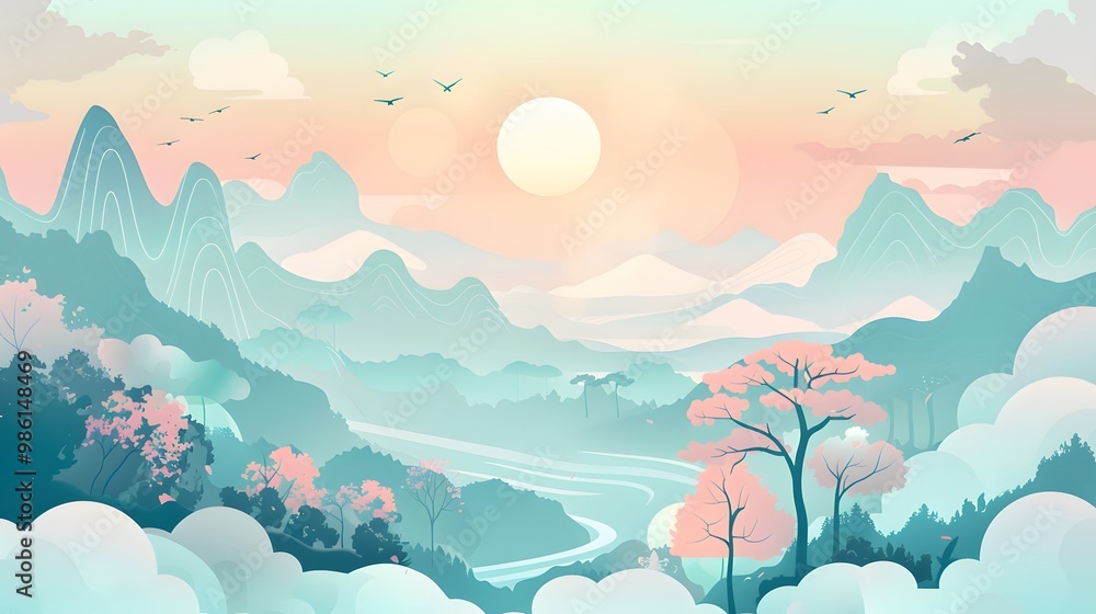 Fototapeta premium Scenic Nature Scene with River and Forest – Vector Art 