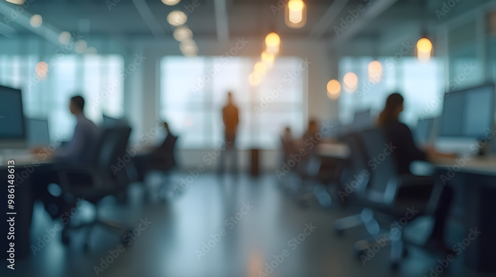 Blurred background of business people working in modern open space office. Generative AI Blurred background of business people working in modern open space office. Generative AI