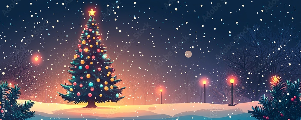 Decorated Christmas tree with lights and baubles, flat design illustration Decorated Christmas tree with lights and baubles, flat design illustration