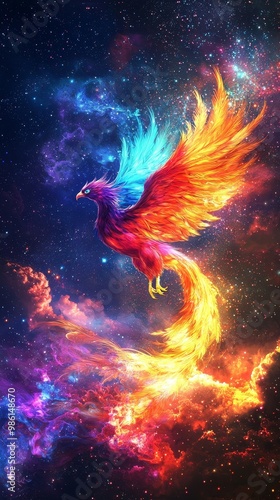 Mystical Phoenix Rebirth - Symbol of Creativity and Power, High Detail Image of Multicolored Bird Rising from Vibrant Sea.