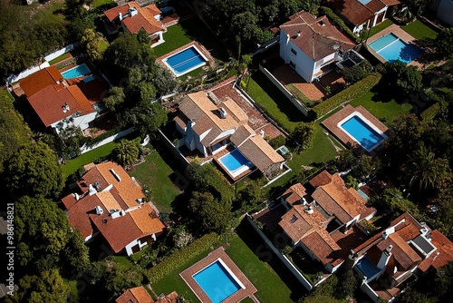 Aerial view of suburban cul-de-sac homes near Los Angeles in Thousand Oaks, California. . Beautiful simple AI generated image