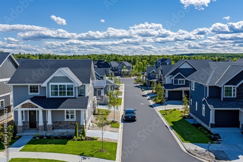 Aerial view of suburban neighborhood with single-story homes and trees. Beautiful simple AI generated image