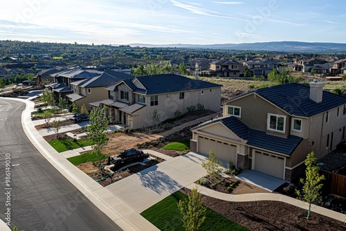 Eco-Friendly Neighborhoods with Green Roofs and Solar Panels. Beautiful simple AI generated image