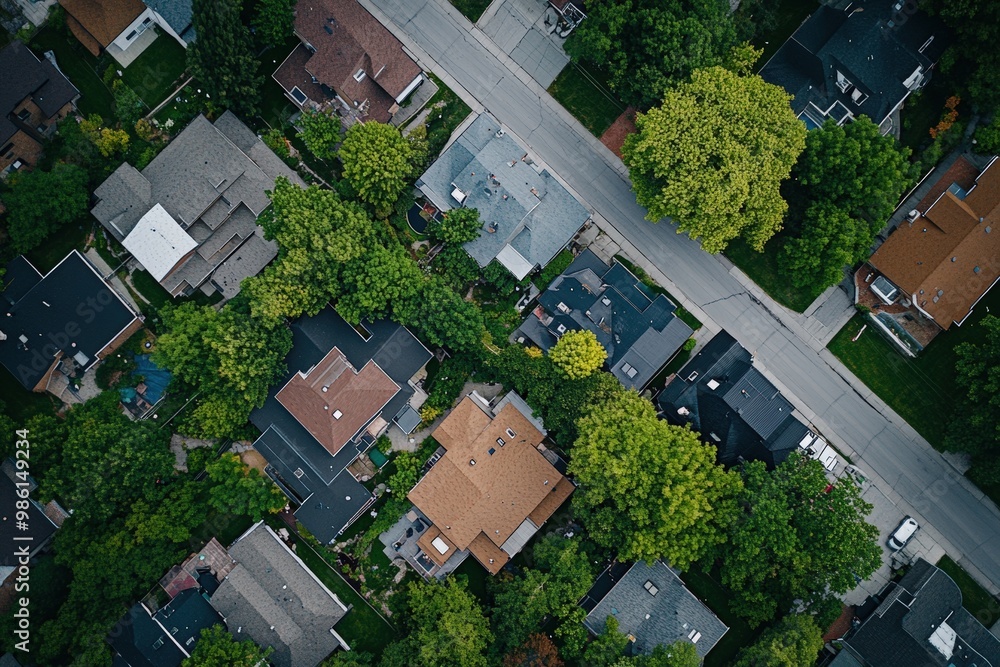 Drone Neighborhood. Aerial View of Sunny Community with Tree-Lined Houses. Beautiful simple AI generated image Drone Neighborhood. Aerial View of Sunny Community with Tree-Lined Houses. Beautiful simple AI generated image