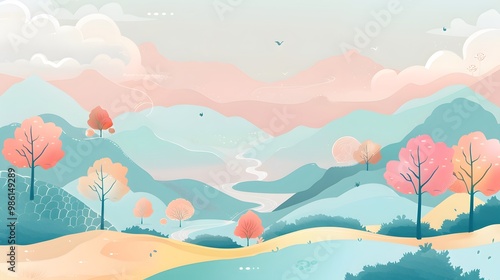 Minimalist Nature Background with Mountains and River – Vector 