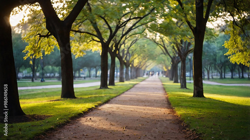 Blurred bokeh of a path through a tranquil park