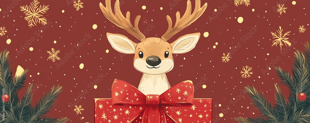 Gift box with reindeerpatterned wrapping and festive bow, flat design illustration Gift box with reindeerpatterned wrapping and festive bow, flat design illustration
