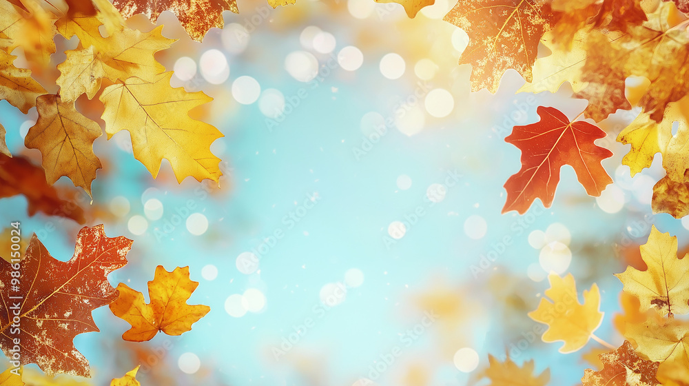 Blurry autumn background with a frame of colorful yellow and red oak foliage on a sunny day. Soft focus abstract image with beautiful bokeh and sunlight. Blurry autumn background with a frame of colorful yellow and red oak foliage on a sunny day. Soft focus abstract image with beautiful bokeh and sunlight.