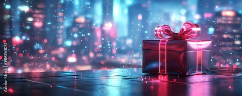 Gift box wrapped in futuristic chrome paper with a digital ribbon made of light beams, set against a glowing cityscape, neon pink and blue hues, scifi aesthetic, 3D render photo