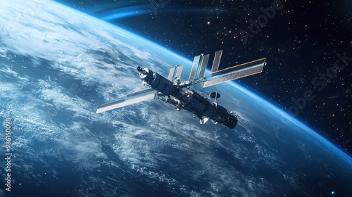 Wallpaper Mural A spaceship orbiting the Earth, with a view of the planet's clouds and the starry sky. Torontodigital.ca