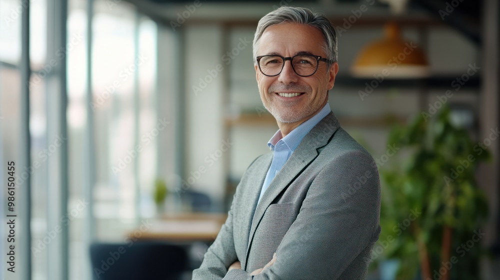 Obraz premium smiling mid aged business man executive standing in office, mature confident professional manager, confident businessman investor looking at camera, portrait