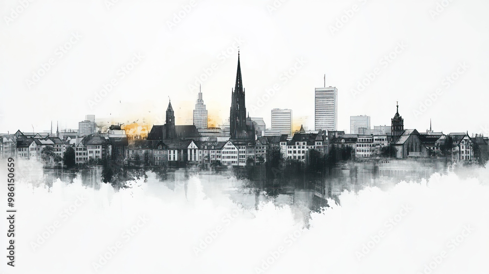 Naklejka premium Bielefeld, Germany, black and white pen pencil hand-drawn effect drawing illustration for travel poster, card, wallpaper, backdrop or banner. Modern, clear, artistic and simple