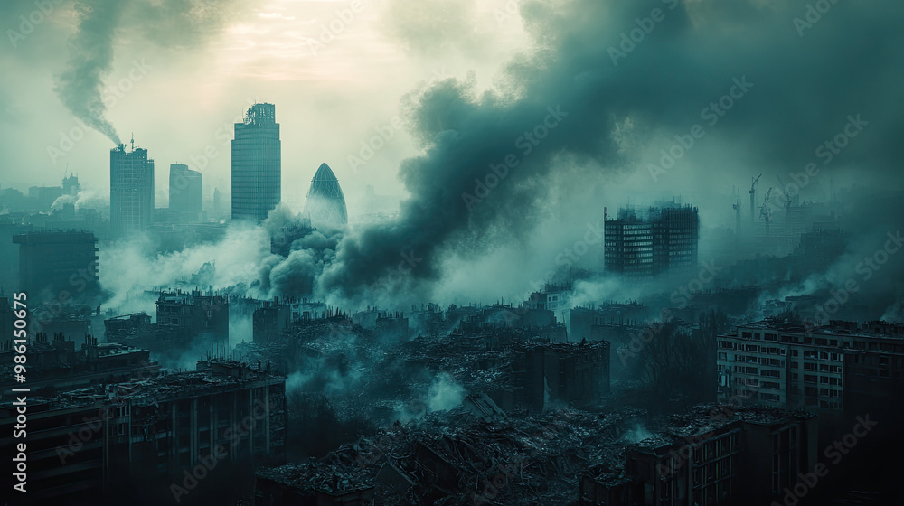 A city skyline obscured by a thick cloud of smoke after a major fire, with buildings partially collapsed and emergency services responding to the disaster, capturing the chaos and destruction. A city skyline obscured by a thick cloud of smoke after a major fire, with buildings partially collapsed and emergency services responding to the disaster, capturing the chaos and destruction.