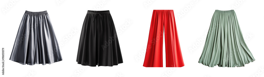 Stylish skirts display: black leather, red, and green pleated designs for a chic wardrobe. Stylish skirts display: black leather, red, and green pleated designs for a chic wardrobe.
