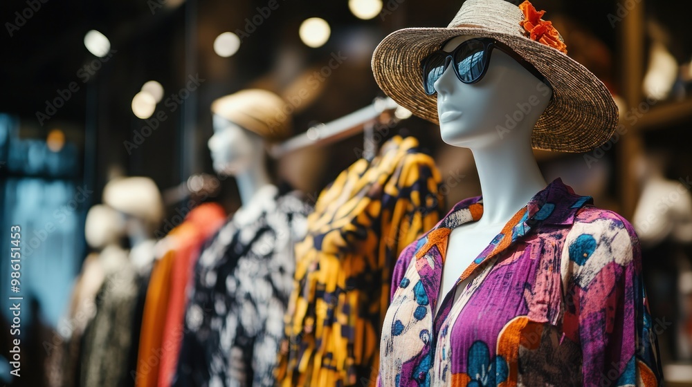 Naklejka premium A mannequin in a colorful printed blouse and a straw hat with sunglasses.