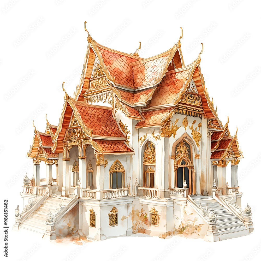 Naklejka premium Watercolor illustration of a traditional Thai temple with intricate details.