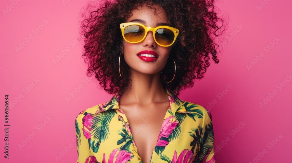 A young woman with curly hair wearing yellow sunglasses and a tropical print shirt on a pink background. A young woman with curly hair wearing yellow sunglasses and a tropical print shirt on a pink background.