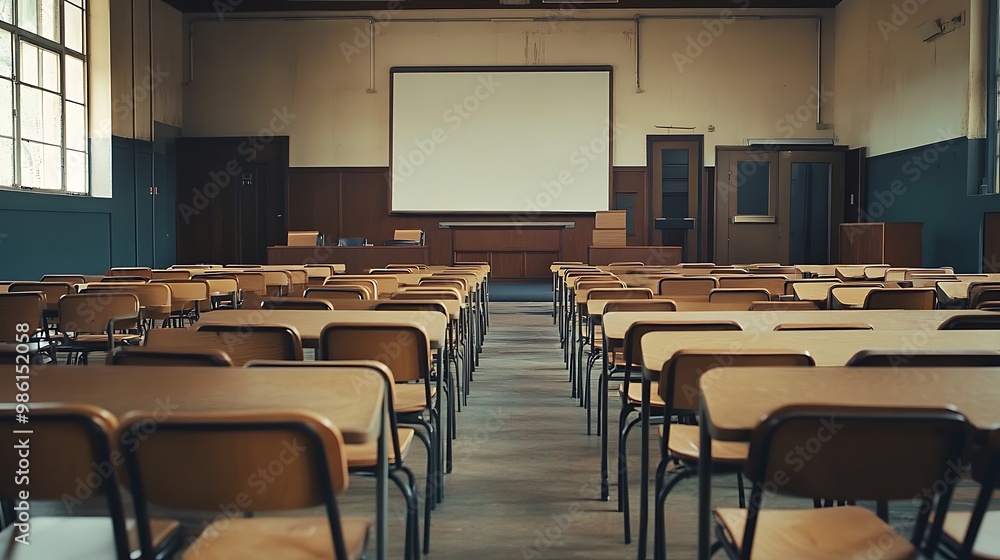 Empty Modern Classroom In the School Interior, Back to School Concept Book, Chair, table 3D Render. Empty Modern Classroom In the School Interior, Back to School Concept Book, Chair, table 3D Render.