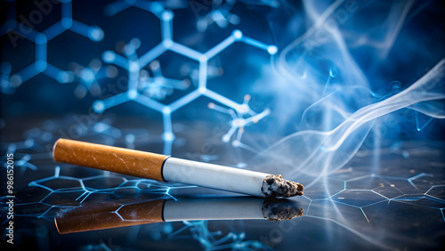 Cigarette placed on a background of chemical formula, nicotine, addiction, smoking, tobacco, harmful, health, danger