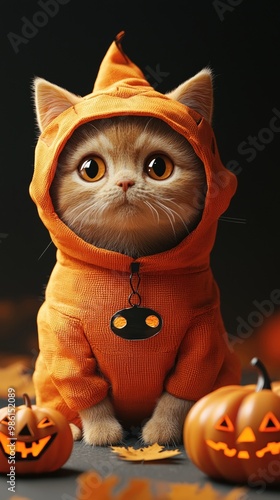 A cute cat dressed in an orange hoodie sits between Halloween pumpkins, exuding a playful and festive spirit. photo