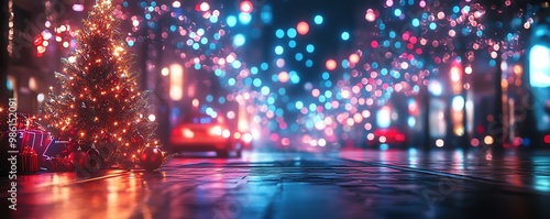 Neon holiday lights, holographic strands, futuristic Christmas street decorations, glowing accents