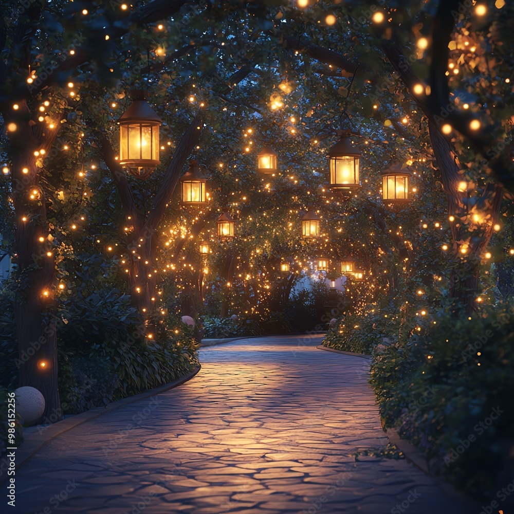 Pathway lined with glowing holiday lights and lanterns, 3D illustration Pathway lined with glowing holiday lights and lanterns, 3D illustration