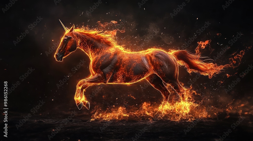 A fiery unicorn gallops through the night, its mane and body ablaze with magical flames. A fiery unicorn gallops through the night, its mane and body ablaze with magical flames.