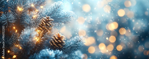 Pine tree adorned with glittering lights and snowdusted branches, 3D illustration