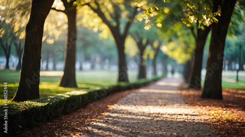 Blurred bokeh of a path through a tranquil park