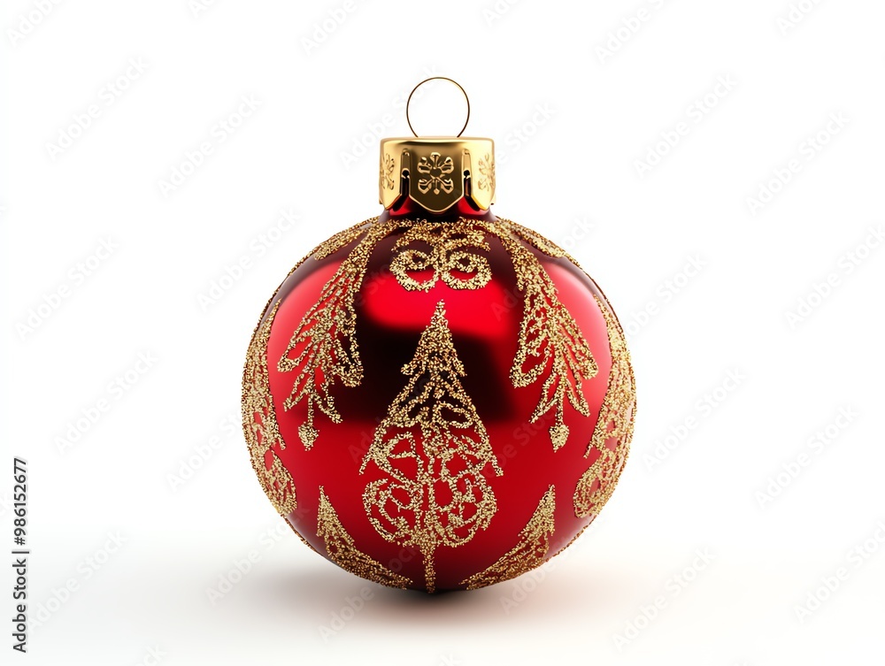 Red and gold bauble, classic Christmas decor, traditional colors, glossy finish, realistic 3D rendering, isolated on white background Red and gold bauble, classic Christmas decor, traditional colors, glossy finish, realistic 3D rendering, isolated on white background