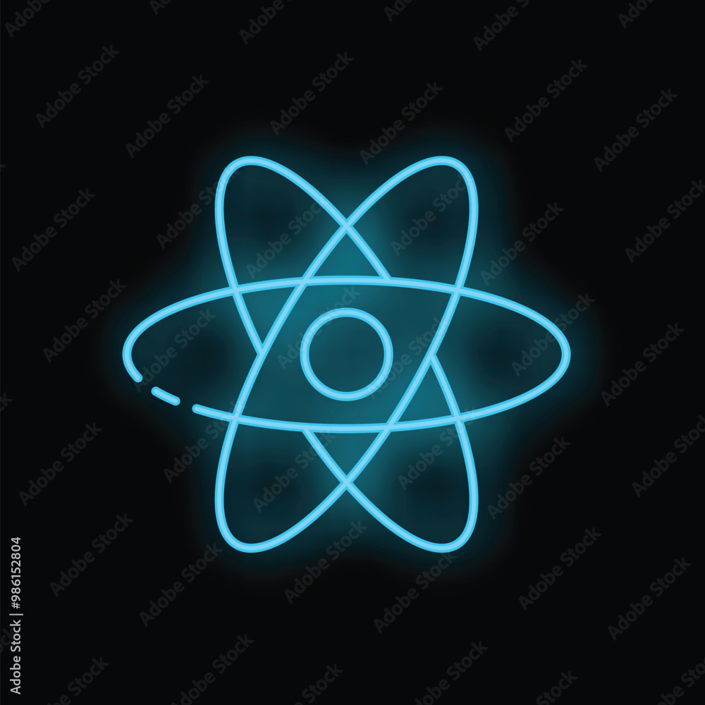 Bright blue neon atom sign glowing on a black background, symbolizing scientific concepts and nuclear power Bright blue neon atom sign glowing on a black background, symbolizing scientific concepts and nuclear power