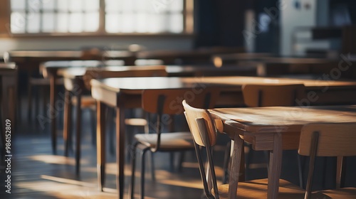 Empty Modern Classroom In the School Interior, Back to School Concept Book, Chair, table 3D Render.