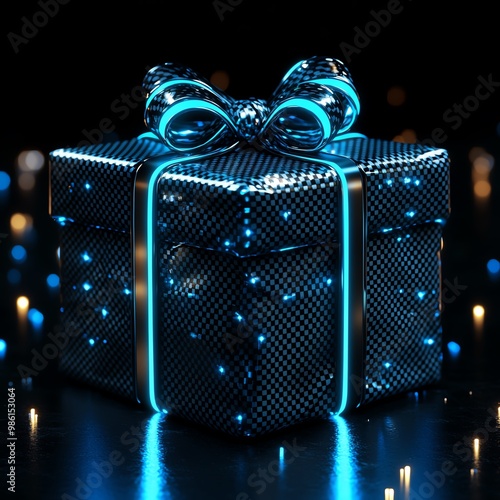 Scifiinspired Christmas gift with wrapping made of futuristic carbon fiber, tied with a glowing AIgenerated ribbon, neon blue and silver colors, hightech, 3D render photo