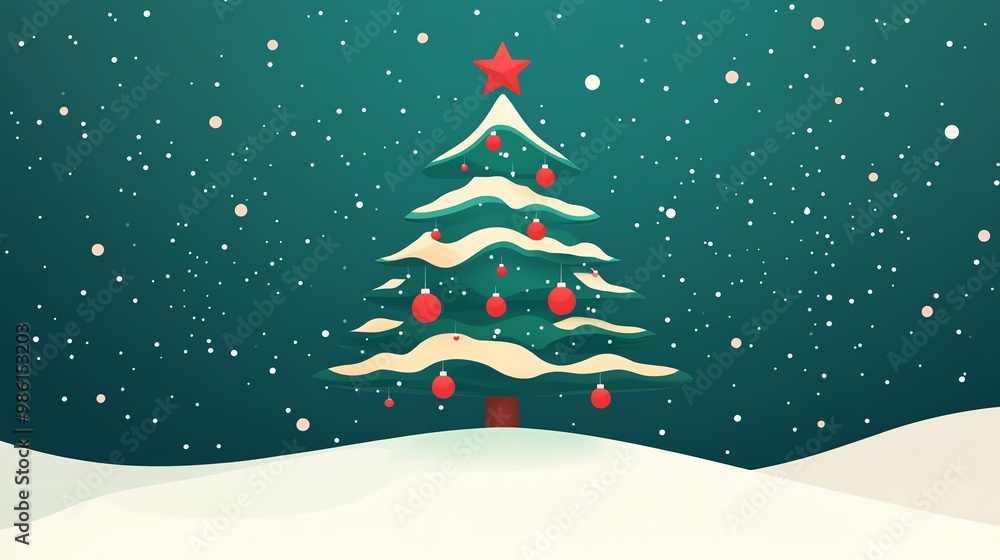 Simple Christmas tree with red and green decorations, flat design illustration Simple Christmas tree with red and green decorations, flat design illustration