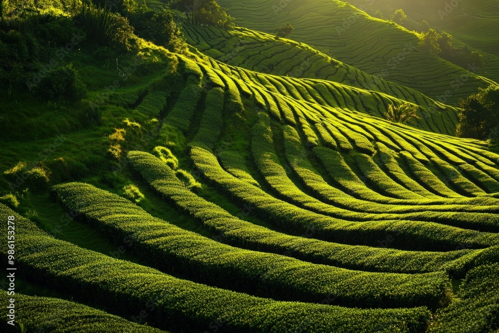 Fototapeta premium Expansive green field with flourishing plants under a clear, blue sky, photo-realistic landscape emphasizing vivid colors and details. Beautiful simple AI generated image