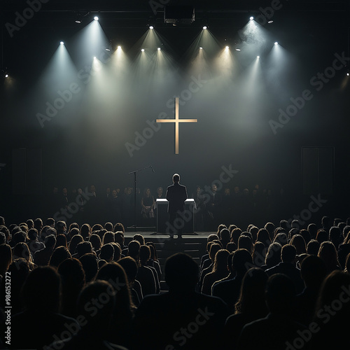 Wide view of a preacher giving a sermon to a large audience in a modern church
