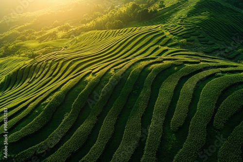 Expansive green field with flourishing plants under a clear, blue sky, photo-realistic landscape emphasizing vivid colors and details. Beautiful simple AI generated image