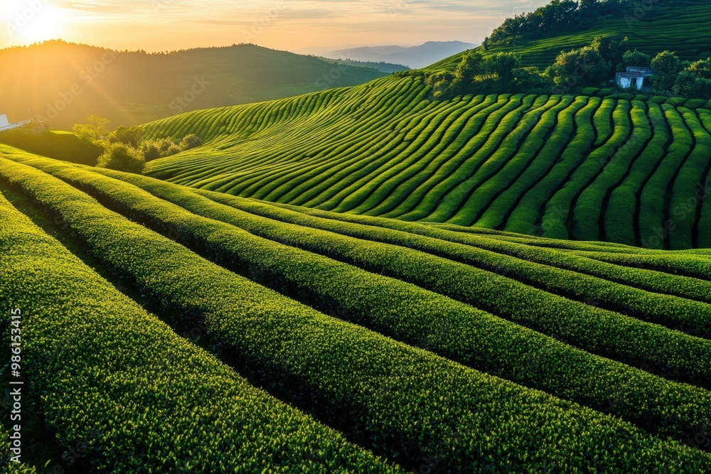Fototapeta premium Expansive green field with flourishing plants under a clear, blue sky, photo-realistic landscape emphasizing vivid colors and details. Beautiful simple AI generated image