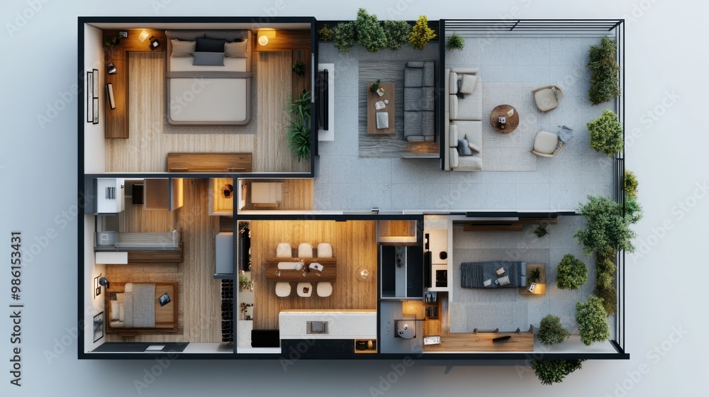 Top-down view of a modern apartment with balcony.