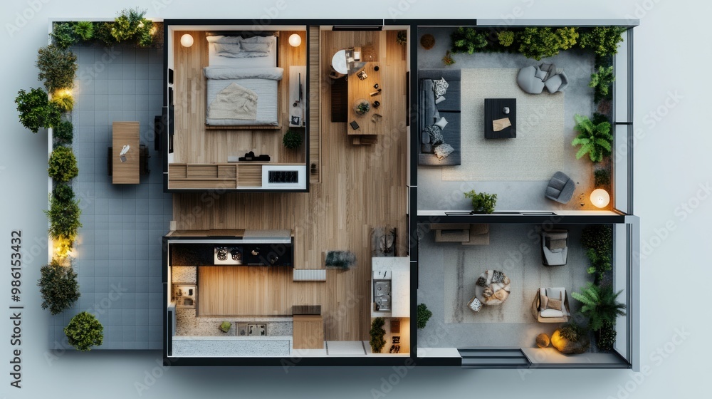 Top view of a modern apartment with balcony and open floor plan.