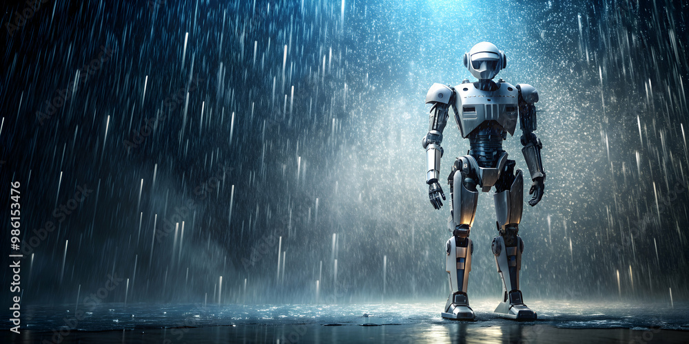 Fototapeta premium Robot standing under a heavy rain shower, robot, technology, futuristic, artificial intelligence, weather, rain, storm