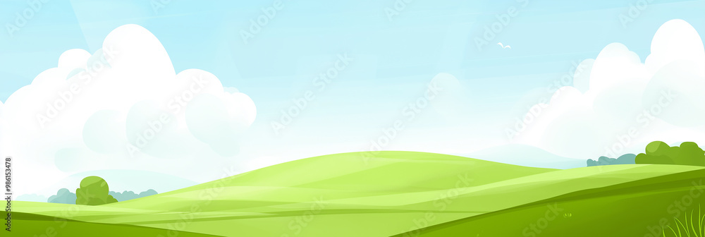 A cute cartoon vector illustration flat cartoon of Green meadow landscape ,Green hills, white clouds . A cute cartoon vector illustration flat cartoon of Green meadow landscape ,Green hills, white clouds .