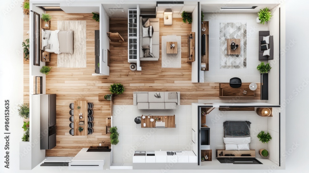 Top view of a modern apartment with three rooms, a kitchen, a dining room, a living room and a bedroom. Top view of a modern apartment with three rooms, a kitchen, a dining room, a living room and a bedroom.