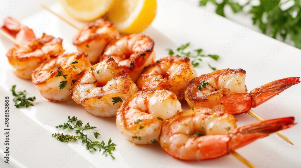 Shrimp, skewered, white plate. Generative AI Shrimp, skewered, white plate. Generative AI