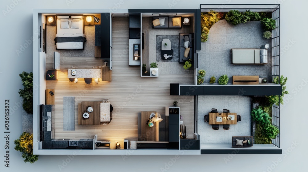 Top view of modern apartment with two bedrooms, living room, dining room, and two balconies with greenery. Top view of modern apartment with two bedrooms, living room, dining room, and two balconies with greenery.