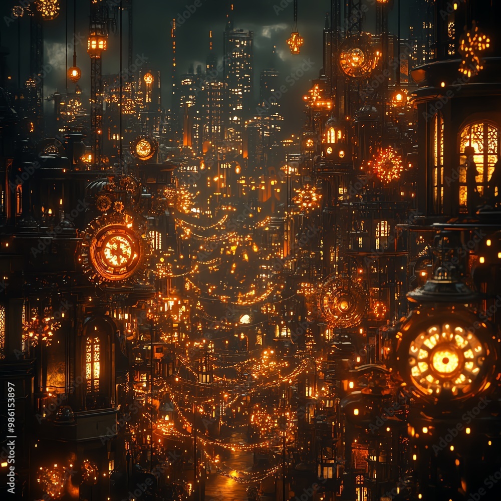 Steampunkstyle Christmas lights powered by glowing brass gears and cogs, casting an industrial golden glow over a darkened cityscape, warm sepia tones, highly detailed Steampunkstyle Christmas lights powered by glowing brass gears and cogs, casting an industrial golden glow over a darkened cityscape, warm sepia tones, highly detailed