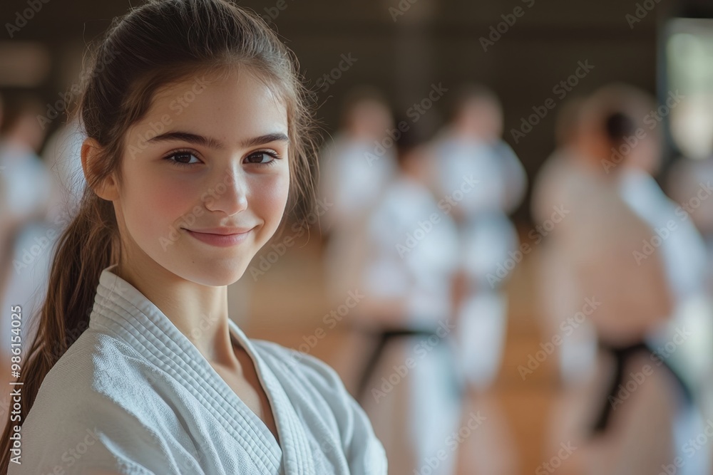 Joyful european girl smiling at the camera during judo or karate training session Joyful european girl smiling at the camera during judo or karate training session
