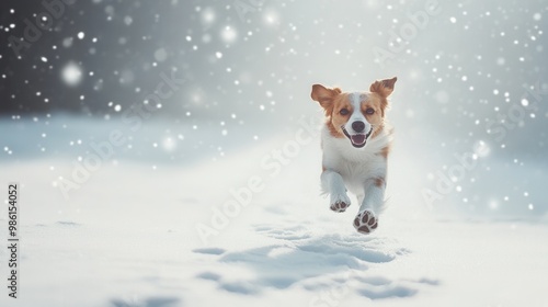 A dog running through the snow, leaving paw prints behind, with snowflakes falling softly