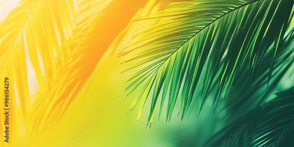 Obraz premium Tropical Palm Leaves with a Vibrant Green to Yellow Gradient Background