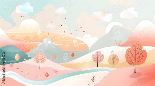 Smooth Color Mountain Landscape with River and Trees – Vector 